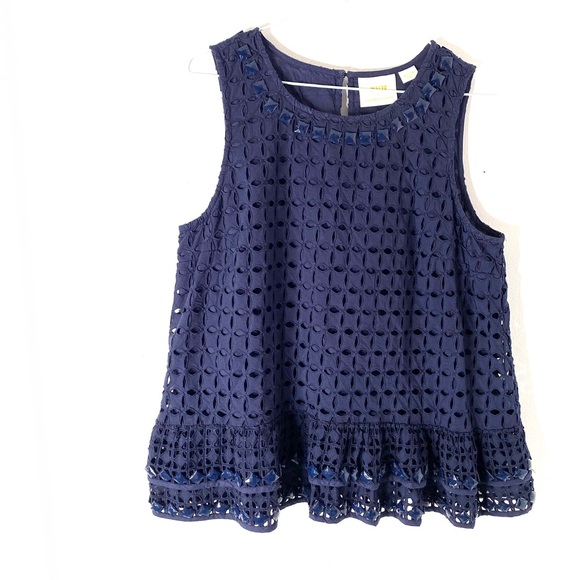 🧚‍♀️ Anthropologie Maeve Beaded Navy Cut Out Sleeveless Blouse - Picture 1 of 9